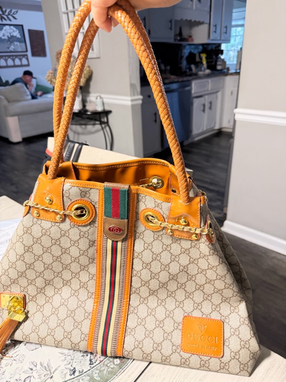 Gucci Beige Monogram Tote with Tan Leather and Signature Web Stripe - Picture 2 of 5